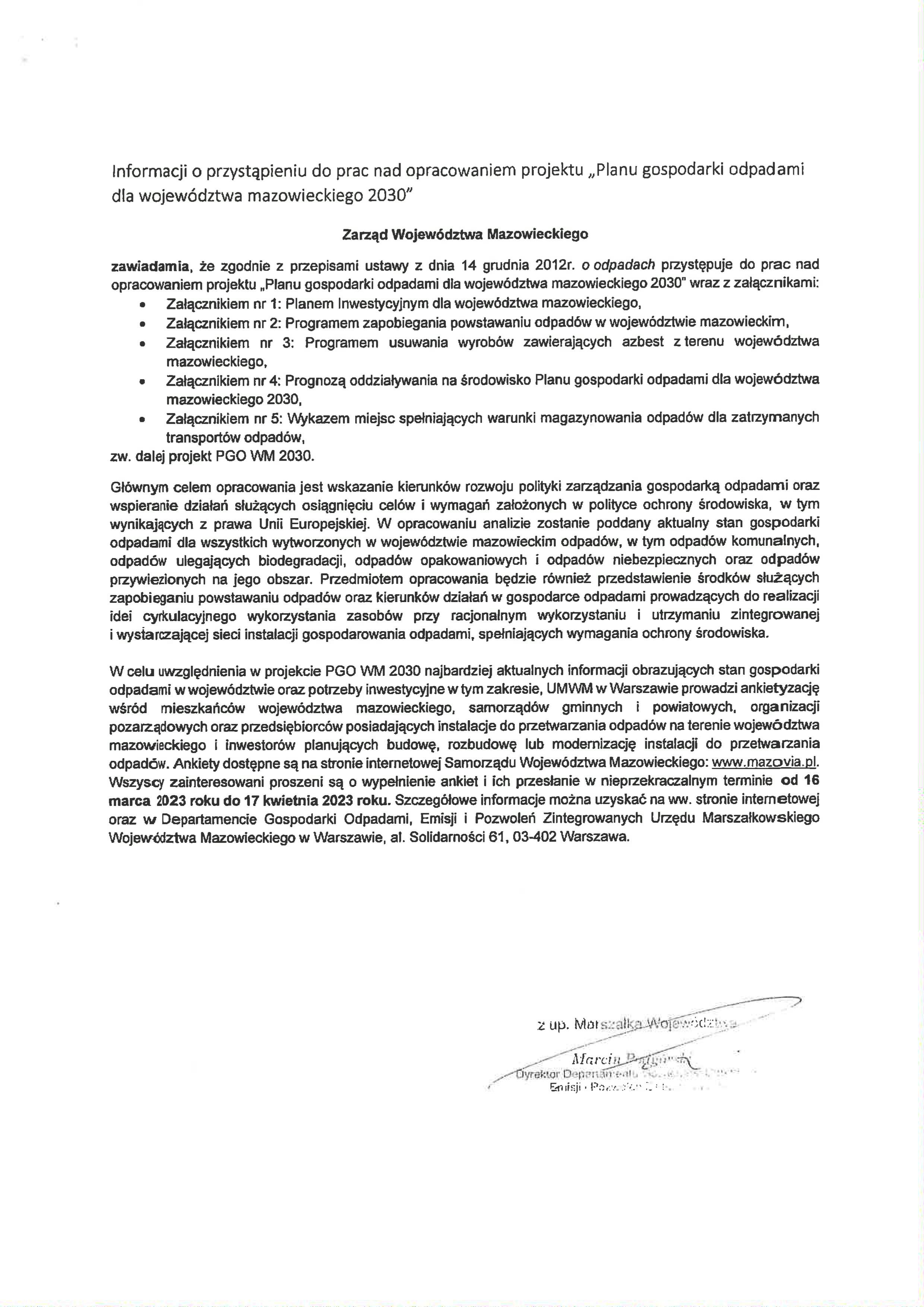 Informacje o&nbsp;rozpoczęciu prac nad opracowaniem projektu &bdquo;Planu gospodarki odpadami dla wojew&oacute;dztwa mazowieckiego 2030&rdquo;.