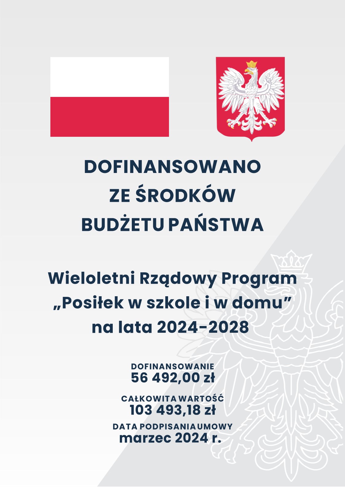 W dniu 27 marca 2024 r. Gmina Korytnica podpisała Umowę nr WRPS-VI.946.1.274.2024 o wsparcie realizacji zadania własnego o charakterze obowiązkowym, realizowanego w ramach wieloletniego rządowego programu „Posiłek w szkole i w domu” na lata 2024-2028.  Okres realizacji - 01.01.2024 r. - 31.12.2024 r. Kwota dofinansowania – 56 492,00 zł. Całkowita wartość Programu – 103 493,18 zł. Realizator Programu: Gminny Ośrodek Pomocy Społecznej w Korytnicy. 