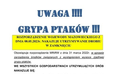 Zdjęcie do UWAGA! GRYPA PTAK&Oacute;W! Rozporządzenie Wojewody Mazowieckiego z dnia 08.05.2023 nakazuje utrzymanie drobiu w zamknięciu