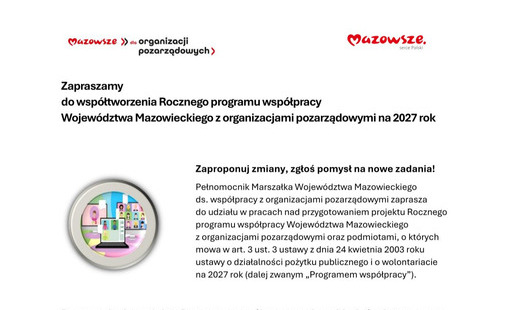 Zdjęcie do Zapraszamy do wsp&oacute;łtworzenia Rocznego programu wsp&oacute;łpracy Wojew&oacute;dztwa Mazowieckiego z organizacjami pozarządowymi na 2027 r